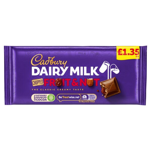 CADBURY Chocolat au lait aux raisins secs et amandes 95g